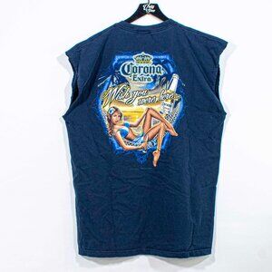 VTG Corona Extra Pinup T-Shirt XXL Tall Sleeveless Beer Wish You Were Here Beach